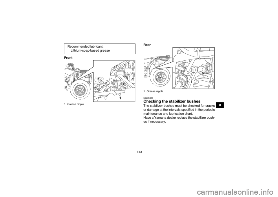 YAMAHA GRIZZLY 450 2014 Owners Manual 8-51
8
Front
Rear
EBU25022Checking the stabilizer bushes The stabilizer bushes must be checked for cracks
or damage at the intervals specified in the periodic
maintenance and lubrication chart.
Have a YAMAHA GRIZZLY 450 2014 Owners Manual 8-51
8
Front
Rear
EBU25022Checking the stabilizer bushes The stabilizer bushes must be checked for cracks
or damage at the intervals specified in the periodic
maintenance and lubrication chart.
Have a
