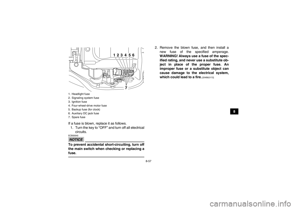 YAMAHA GRIZZLY 450 2014  Owners Manual 8-57
8
If a fuse is blown, replace it as follows. 1. Turn the key to “OFF” and turn off all electrical circuits.
NOTICEECB00640To prevent accidental short-circuiting, turn off
the main switch when