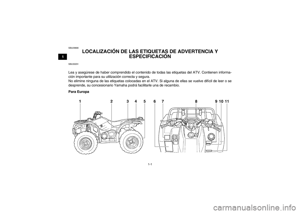 YAMAHA GRIZZLY 450 2014  Manuale de Empleo (in Spanish) 1-1
1
SBU29680
LOCALIZACIÓN DE LAS ETIQUETAS DE ADVERTENCIA Y 
ESPECIFICACIÓN 
SBU30291Lea y asegúrese de haber comprendido el contenido de todas las etiquetas del ATV. Contienen informa-
ción imp