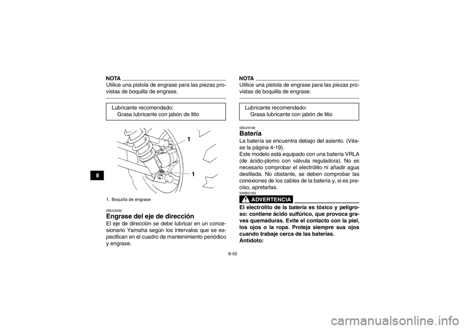 YAMAHA GRIZZLY 450 2014  Manuale de Empleo (in Spanish) 8-55
8
NOTAUtilice una pistola de engrase para las piezas pro-
vistas de boquilla de engrase.SBU25092Engrase del eje de dirección El eje de dirección se debe lubricar en un conce-
sionario Yamaha se