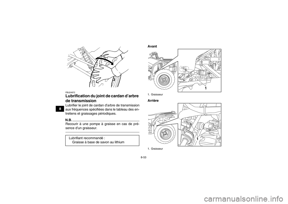YAMAHA GRIZZLY 450 2014 Notices Demploi (in French) 8-53
8
FBU24972Lubrification du joint de cardan d’arbre
de transmission Lubrifier le joint de cardan d’arbre de transmission
aux fréquences spécifiées dans le tableau des en-
tretiens et grais YAMAHA GRIZZLY 450 2014 Notices Demploi (in French) 8-53
8
FBU24972Lubrification du joint de cardan d’arbre
de transmission Lubrifier le joint de cardan d’arbre de transmission
aux fréquences spécifiées dans le tableau des en-
tretiens et grais