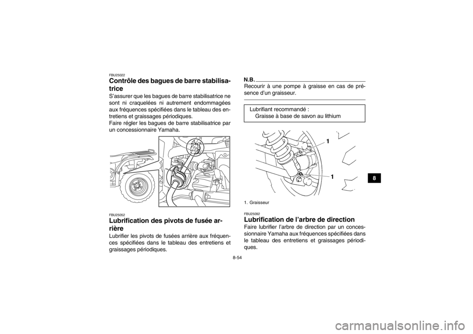 YAMAHA GRIZZLY 450 2014 Notices Demploi (in French) 8-54
8
FBU25022Contrôle des bagues de barre stabilisa-
trice S’assurer que les bagues de barre stabilisatrice ne
sont ni craquelées ni autrement endommagées
aux fréquences spécifiées dans le t YAMAHA GRIZZLY 450 2014 Notices Demploi (in French) 8-54
8
FBU25022Contrôle des bagues de barre stabilisa-
trice S’assurer que les bagues de barre stabilisatrice ne
sont ni craquelées ni autrement endommagées
aux fréquences spécifiées dans le t