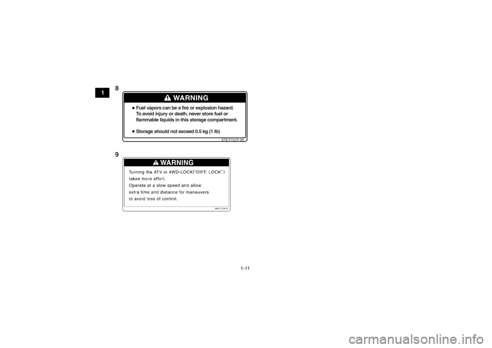 YAMAHA GRIZZLY 450 2013 Owners Manual 1-11
1
WARNING
Fuel vapors can be a fire or explosion hazard.
To avoid injury or death, never store fuel or
flammable liquids in this storage compartment.
Storage should not exceed 0.5 kg (1 lb)
37S-F