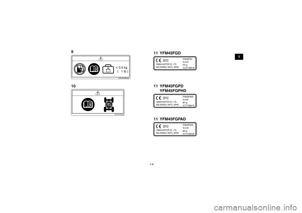 YAMAHA GRIZZLY 450 2013 Notices Demploi (in French) 1-4
1
37S-F816N-00< 0.5 kg
( 1 lb )
37S-F816S-00
YAMAHA MOTOR CO., LTD.
2500 SHINGAI, IWATA, JAPAN YFM450FWAD
19.4 kW
281 kg
2012
1CT-F155A-70
YAMAHA MOTOR CO., LTD.
2500 SHINGAI, IWATA, JAPANYFM4 YAMAHA GRIZZLY 450 2013 Notices Demploi (in French) 1-4
1
37S-F816N-00< 0.5 kg
( 1 lb )
37S-F816S-00
YAMAHA MOTOR CO., LTD.
2500 SHINGAI, IWATA, JAPAN YFM450FWAD
19.4 kW
281 kg
2012
1CT-F155A-70
YAMAHA MOTOR CO., LTD.
2500 SHINGAI, IWATA, JAPANYFM4