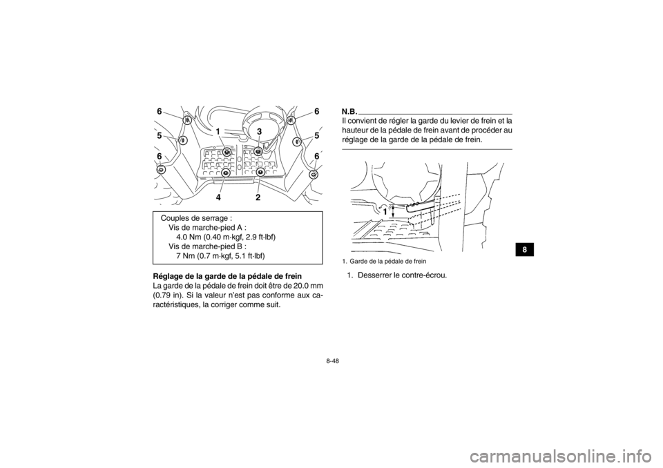 YAMAHA GRIZZLY 450 2013 Notices Demploi (in French) 8-48
8
Réglage de la garde de la pédale de frein
La garde de la pédale de frein doit être de 20.0 mm
(0.79 in). Si la valeur n’est pas conforme aux ca-
ractéristiques, la corriger comme suit.
N YAMAHA GRIZZLY 450 2013 Notices Demploi (in French) 8-48
8
Réglage de la garde de la pédale de frein
La garde de la pédale de frein doit être de 20.0 mm
(0.79 in). Si la valeur n’est pas conforme aux ca-
ractéristiques, la corriger comme suit.
N