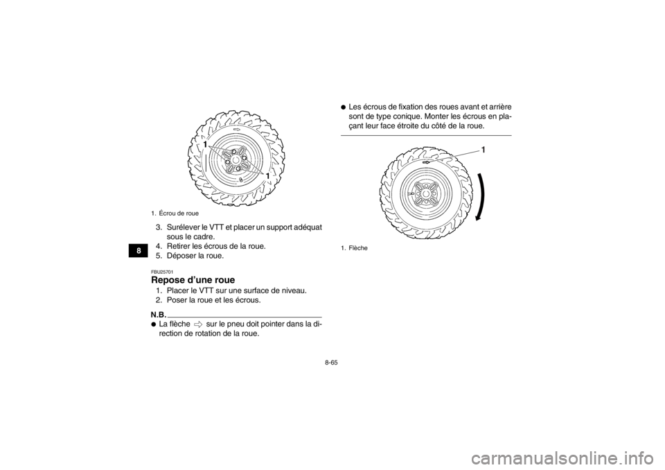 YAMAHA GRIZZLY 450 2013 Notices Demploi (in French) 8-65
83. Surélever le VTT et placer un support adéquat
sous le cadre.
4. Retirer les écrous de la roue.
5. Déposer la roue.
FBU25701Repose d’une roue 1. Placer le VTT sur une surface de niveau.
YAMAHA GRIZZLY 450 2013 Notices Demploi (in French) 8-65
83. Surélever le VTT et placer un support adéquat
sous le cadre.
4. Retirer les écrous de la roue.
5. Déposer la roue.
FBU25701Repose d’une roue 1. Placer le VTT sur une surface de niveau.