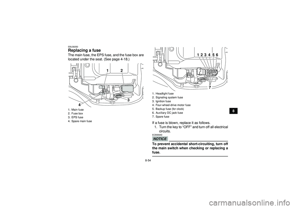 YAMAHA GRIZZLY 450 2012  Owners Manual 8-54
8
EBU30250Replacing a fuse The main fuse, the EPS fuse, and the fuse box are
located under the seat. (See page 4-18.)If a fuse is blown, replace it as follows.1. Turn the key to “ OFF” and tu