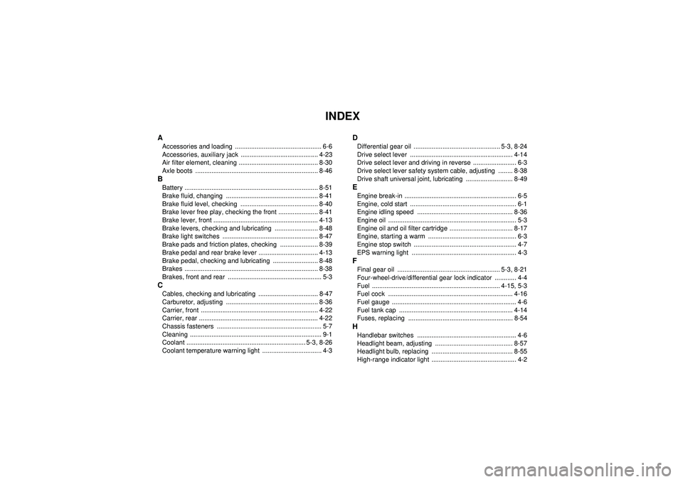 YAMAHA GRIZZLY 450 2012  Owners Manual INDEX
AAccessories and loading  ................................................ 6-6
Accessories, auxiliary jack  ........................................... 4-23
Air filter element, cleaning ........