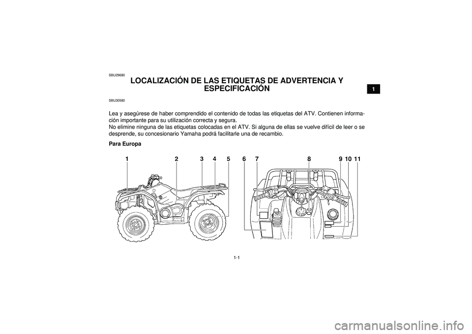 YAMAHA GRIZZLY 450 2012  Manuale de Empleo (in Spanish) 1-1
1
SBU29680
LOCALIZACIÓN DE LAS ETIQUETAS DE ADVERTENCIA Y 
ESPECIFICACI ÓN 
SBU30580Lea y aseg úrese de haber comprendido el contenido de todas las etiquetas del ATV. Contienen informa-
ci ón 