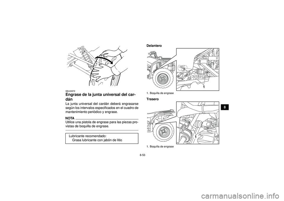 YAMAHA GRIZZLY 450 2012  Manuale de Empleo (in Spanish) 8-53
8
SBU24972Engrase de la junta universal del car-
dán La junta universal del card án deber á engrasarse
seg ún los intervalos especificados en el cuadro de
mantenimiento peri ódico y engrase.