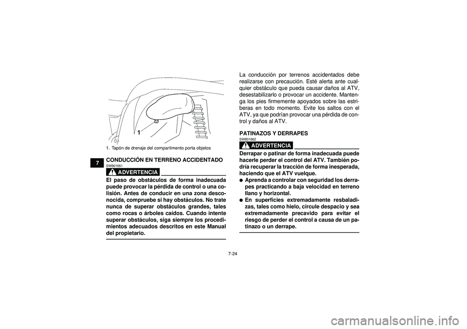YAMAHA GRIZZLY 450 2012  Manuale de Empleo (in Spanish) 7-24
7CONDUCCI
ÓN EN TERRENO ACCIDENTADO
ADVERTENCIA
SWB01651El paso de obst áculos de forma inadecuada
puede provocar la pé rdida de control o una co-
lisió n. Antes de conducir en una zona desco