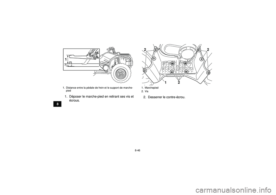 YAMAHA GRIZZLY 450 2012  Notices Demploi (in French) 8-46
81. D
époser le marche-pied en retirant ses vis et
é crous. 2. Desserrer le contre-
écrou.
1. Distance entre la p édale de frein et le support de marche-
pied1
1. Marchepied
2. Vis22
21
U1CT6