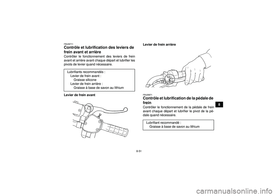 YAMAHA GRIZZLY 450 2012  Notices Demploi (in French) 8-51
8
FBU28711Contrôle et lubrification des leviers de 
frein avant et arri ère Contr ôler le fonctionnement des leviers de frein
avant et arri ère avant chaque d épart et lubrifier les
pivots d