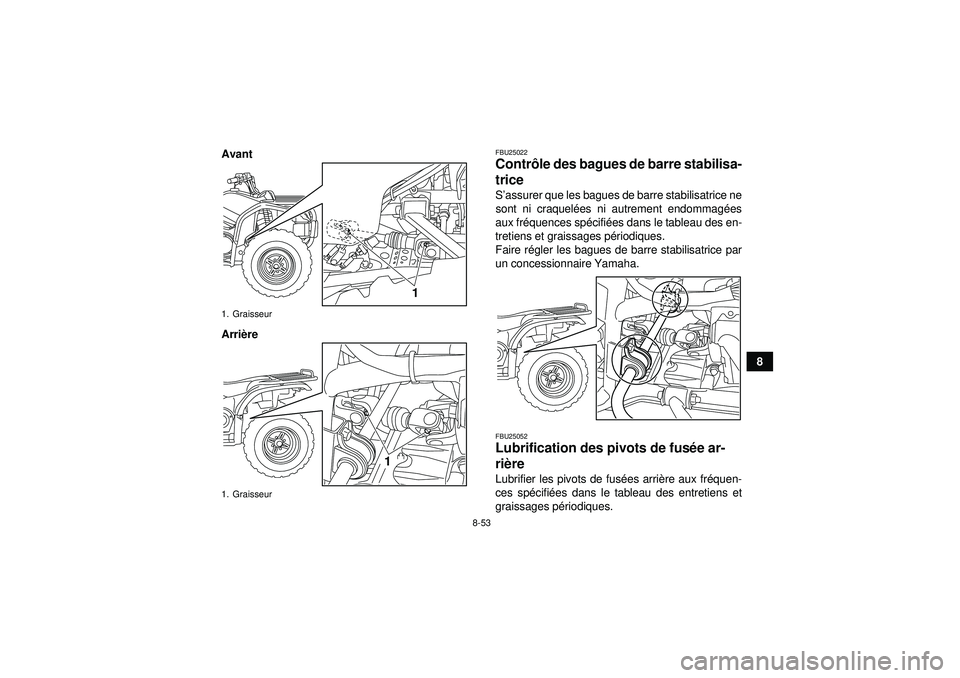 YAMAHA GRIZZLY 450 2012 Notices Demploi (in French) 8-53
8
Avant
Arri
ère
FBU25022Contr ôle des bagues de barre stabilisa-
trice S ’assurer que les bagues de barre stabilisatrice ne
sont ni craquel ées ni autrement endommag ées
aux fr équences s YAMAHA GRIZZLY 450 2012 Notices Demploi (in French) 8-53
8
Avant
Arri
ère
FBU25022Contr ôle des bagues de barre stabilisa-
trice S ’assurer que les bagues de barre stabilisatrice ne
sont ni craquel ées ni autrement endommag ées
aux fr équences s