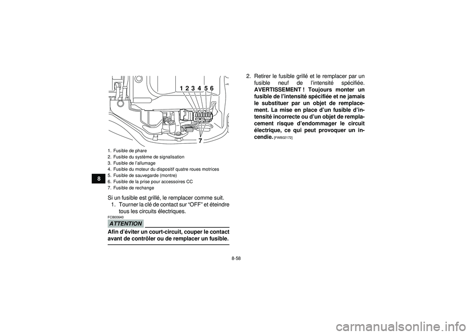YAMAHA GRIZZLY 450 2012 Notices Demploi (in French) 8-58
8Si un fusible est grill é, le remplacer comme suit.
1. Tourner la cl é de contact sur “ OFF” et é teindre
tous les circuits é lectriques.
ATTENTIONFCB00640Afin d’éviter un court-circu YAMAHA GRIZZLY 450 2012 Notices Demploi (in French) 8-58
8Si un fusible est grill é, le remplacer comme suit.
1. Tourner la cl é de contact sur “ OFF” et é teindre
tous les circuits é lectriques.
ATTENTIONFCB00640Afin d’éviter un court-circu