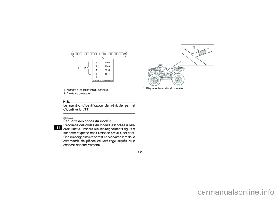 YAMAHA GRIZZLY 450 2012 Notices Demploi (in French) 11-2
11
N.B.Le numéro d’identification du v éhicule permet
d ’identifier le VTT.FBU26050É tiquette des codes du mod èle
L ’é tiquette des codes du mod èle est coll ée à l’en-
droit i YAMAHA GRIZZLY 450 2012 Notices Demploi (in French) 11-2
11
N.B.Le numéro d’identification du v éhicule permet
d ’identifier le VTT.FBU26050É tiquette des codes du mod èle
L ’é tiquette des codes du mod èle est coll ée à l’en-
droit i