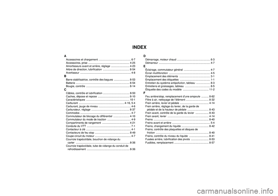 YAMAHA GRIZZLY 450 2012  Notices Demploi (in French) INDEX
AAccessoires et chargement ............................................ 6-7
Accessoires, prise  ........................................................ 4-25
Amortisseurs avant et arrière, r é