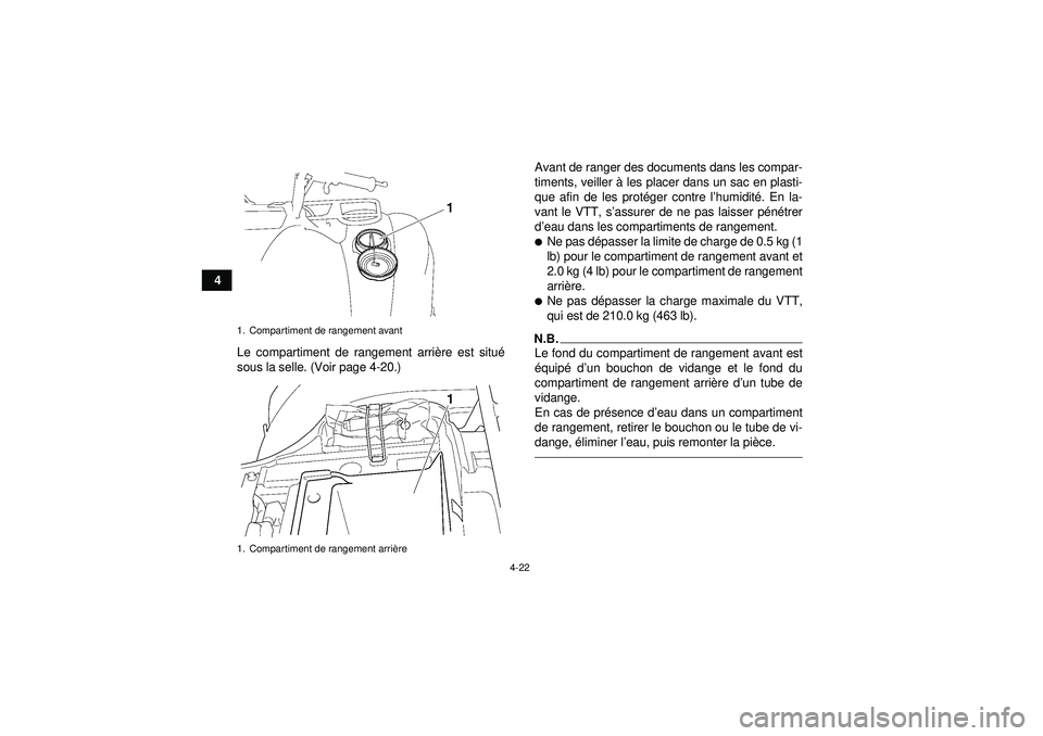 YAMAHA GRIZZLY 450 2012  Notices Demploi (in French) 4-22
4Le compartiment de rangement arri ère est situ é
sous la selle. (Voir page 4-20.) Avant de ranger des documents dans les compar-
timents, veiller à
 les placer dans un sac en plasti-
que afin