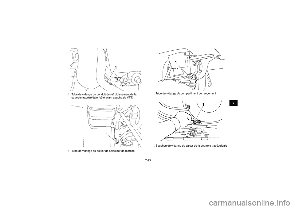 YAMAHA GRIZZLY 450 2012  Notices Demploi (in French) 7-23
7
1. Tube de vidange du conduit de refroidissement de la courroie trapé zoïdale (c ôté  avant gauche du VTT)
1. Tube de vidange du boî tier de sélecteur de marche
1. Tube de vidange du comp