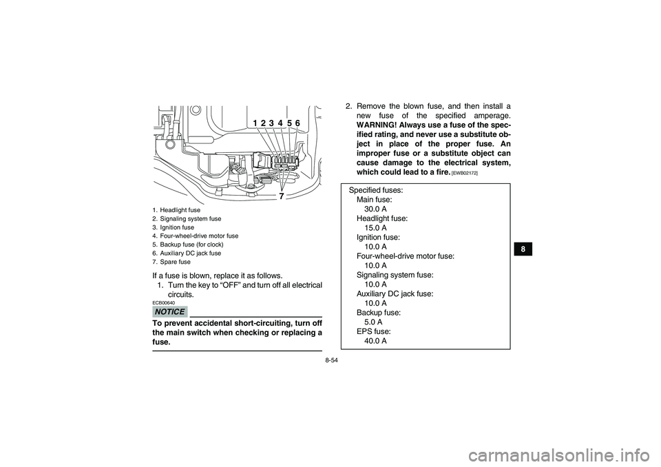 YAMAHA GRIZZLY 450 2011 Owners Manual 8-54
8
If a fuse is blown, replace it as follows.
1. Turn the key to “OFF” and turn off all electrical
circuits.
NOTICEECB00640To prevent accidental short-circuiting, turn off
the main switch when YAMAHA GRIZZLY 450 2011 Owners Manual 8-54
8
If a fuse is blown, replace it as follows.
1. Turn the key to “OFF” and turn off all electrical
circuits.
NOTICEECB00640To prevent accidental short-circuiting, turn off
the main switch when
