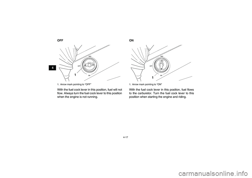 YAMAHA GRIZZLY 450 2011 Service Manual 4-17
4OFF
With the fuel cock lever in this position, fuel will not
flow. Always turn the fuel cock lever to this position
when the engine is not running.ON
With the fuel cock lever in this position, f
