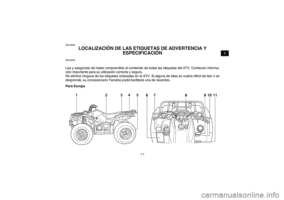 YAMAHA GRIZZLY 450 2011  Manuale de Empleo (in Spanish) 1-1
1
SBU29680
LOCALIZACIÓN DE LAS ETIQUETAS DE ADVERTENCIA Y 
ESPECIFICACIÓN 
SBU30290Lea y asegúrese de haber comprendido el contenido de todas las etiquetas del ATV. Contienen informa-
ción imp