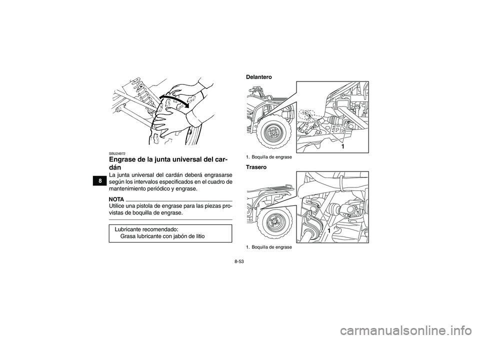 YAMAHA GRIZZLY 450 2011  Manuale de Empleo (in Spanish) 8-53
8
SBU24972Engrase de la junta universal del car-
dán La junta universal del cardán deberá engrasarse
según los intervalos especificados en el cuadro de
mantenimiento periódico y engrase.NOTA