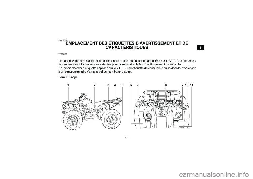 YAMAHA GRIZZLY 450 2011  Notices Demploi (in French) 1-1
1
FBU29680
EMPLACEMENT DES ÉTIQUETTES D’AVERTISSEMENT ET DE 
CARACTÉRISTIQUES 
FBU30290Lire attentivement et s’assurer de comprendre toutes les étiquettes apposées sur le VTT. Ces étiquet