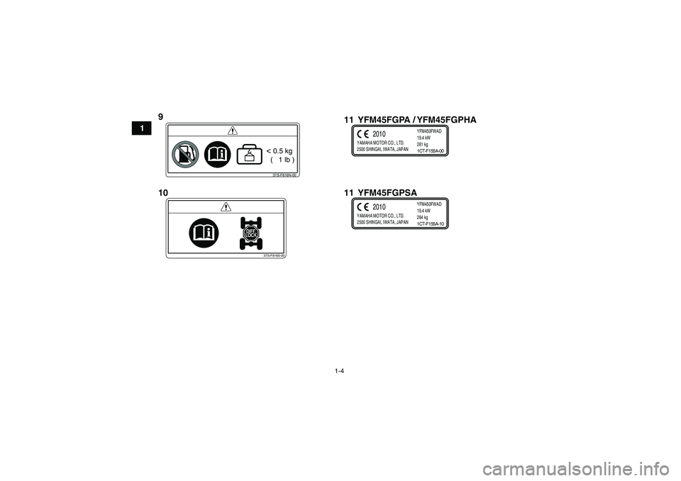 YAMAHA GRIZZLY 450 2011  Notices Demploi (in French) 1-4
1
37S-F816N-00< 0.5 kg
  (   1 lb )
37S-F816S-00
YAMAHA MOTOR CO., LTD.
2500 SHINGAI, IWATA, JAPANYFM450FWAD
19.4 kW
281 kg
2010
1CT-F155A-00
YAMAHA MOTOR CO., LTD.
2500 SHINGAI, IWATA, JAPANYFM45