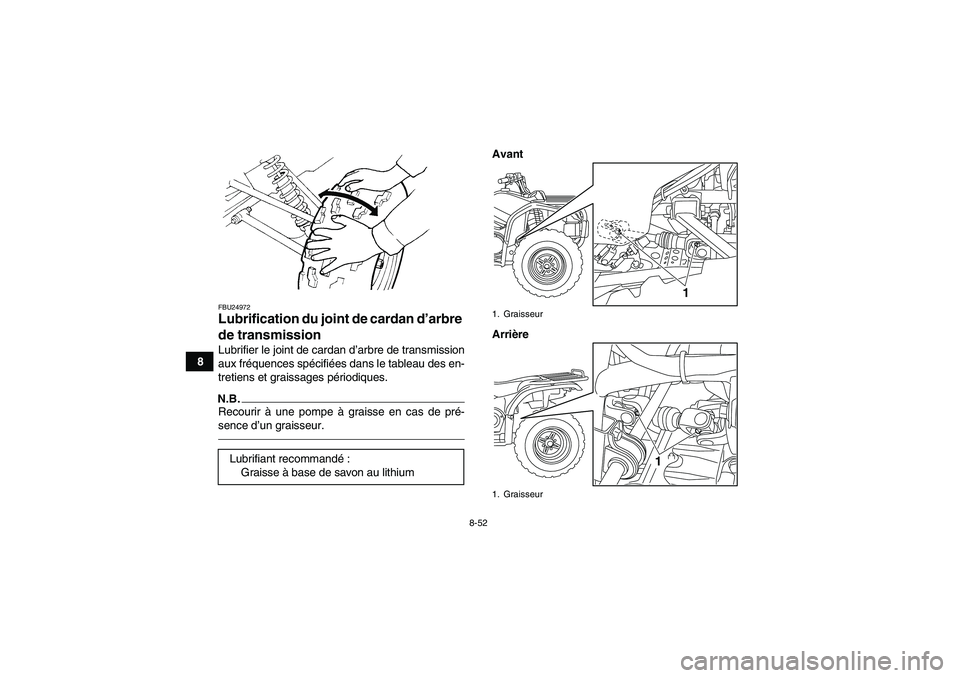 YAMAHA GRIZZLY 450 2011  Notices Demploi (in French) 8-52
8
FBU24972Lubrification du joint de cardan d’arbre 
de transmission Lubrifier le joint de cardan d’arbre de transmission
aux fréquences spécifiées dans le tableau des en-
tretiens et grais