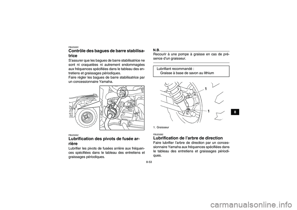 YAMAHA GRIZZLY 450 2011 Notices Demploi (in French) 8-53
8
FBU25022Contrôle des bagues de barre stabilisa-
trice S’assurer que les bagues de barre stabilisatrice ne
sont ni craquelées ni autrement endommagées
aux fréquences spécifiées dans le t YAMAHA GRIZZLY 450 2011 Notices Demploi (in French) 8-53
8
FBU25022Contrôle des bagues de barre stabilisa-
trice S’assurer que les bagues de barre stabilisatrice ne
sont ni craquelées ni autrement endommagées
aux fréquences spécifiées dans le t