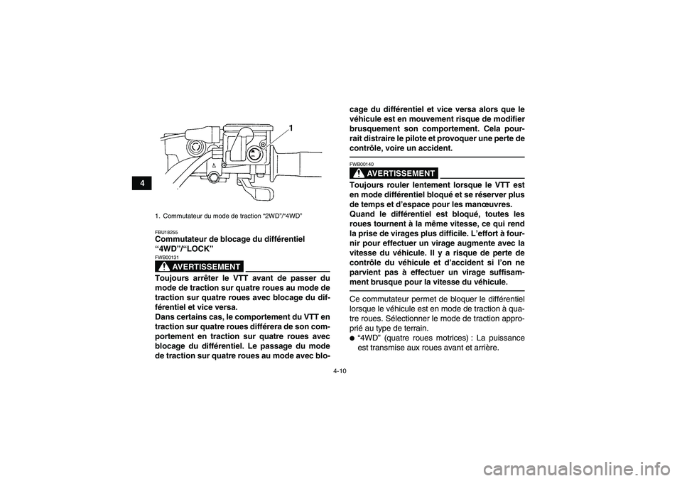 YAMAHA GRIZZLY 450 2011  Notices Demploi (in French) 4-10
4
FBU18255Commutateur de blocage du différentiel 
“4WD”/“LOCK” 
AVERTISSEMENT
FWB00131Toujours arrêter le VTT avant de passer du
mode de traction sur quatre roues au mode de
traction su