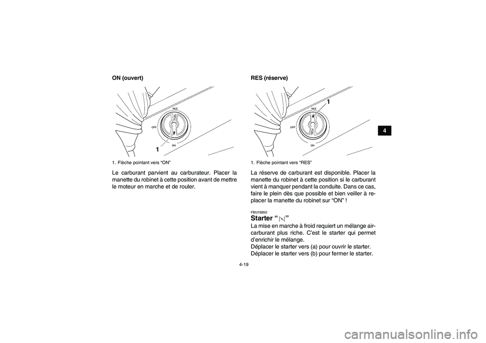 YAMAHA GRIZZLY 450 2011  Notices Demploi (in French) 4-19
4 ON (ouvert)
Le carburant parvient au carburateur. Placer la
manette du robinet à cette position avant de mettre
le moteur en marche et de rouler.RES (réserve)
La réserve de carburant est dis