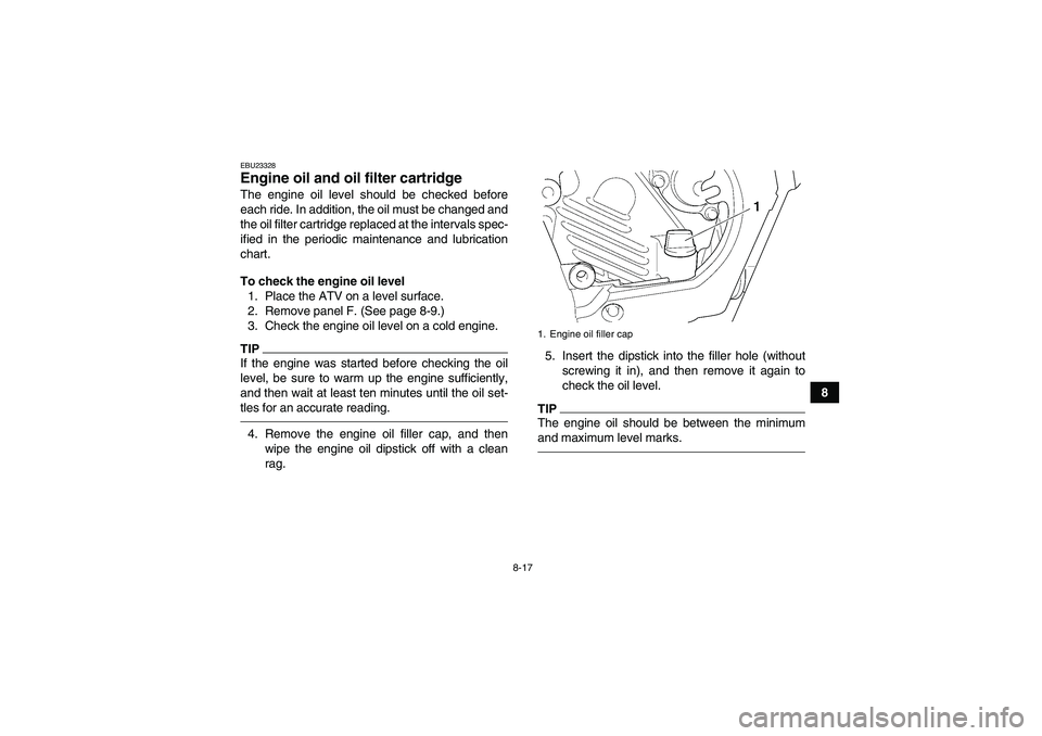 YAMAHA GRIZZLY 450 2010  Owners Manual 8-17
8
EBU23328Engine oil and oil filter cartridge The engine oil level should be checked before
each ride. In addition, the oil must be changed and
the oil filter cartridge replaced at the intervals 