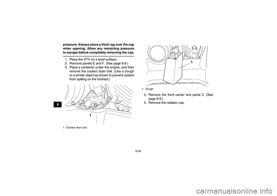 YAMAHA GRIZZLY 450 2010  Owners Manual 8-28
8pressure. Always place a thick rag over the cap
when opening. Allow any remaining pressure
to escape before completely removing the cap.
1. Place the ATV on a level surface.
2. Remove panels E a