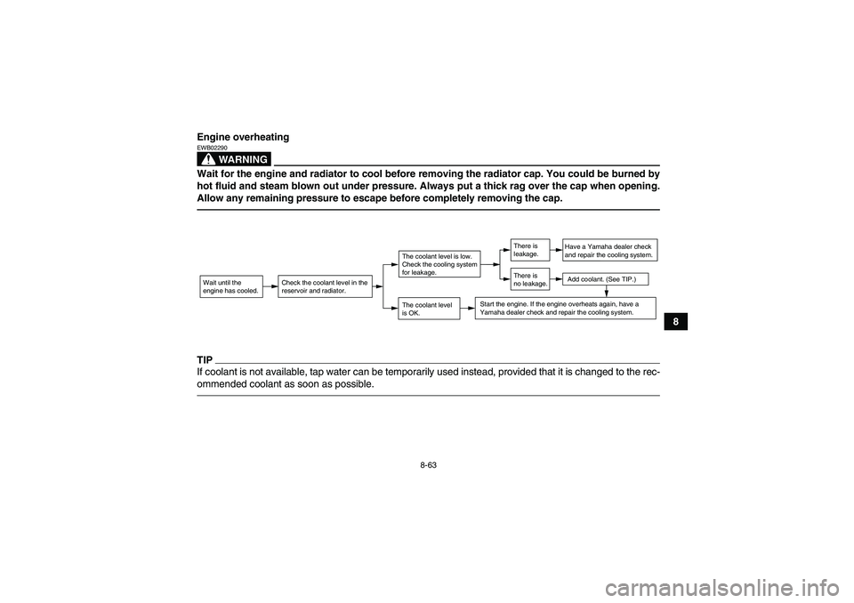 YAMAHA GRIZZLY 450 2010  Owners Manual 8-63
8 Engine overheating
WARNING
EWB02290Wait for the engine and radiator to cool before removing the radiator cap. You could be burned by
hot fluid and steam blown out under pressure. Always put a t