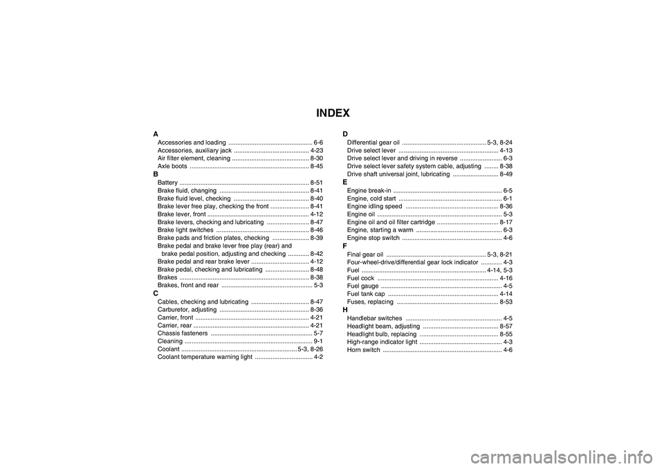 YAMAHA GRIZZLY 450 2010  Owners Manual INDEX
AAccessories and loading  ................................................ 6-6
Accessories, auxiliary jack  ........................................... 4-23
Air filter element, cleaning ........