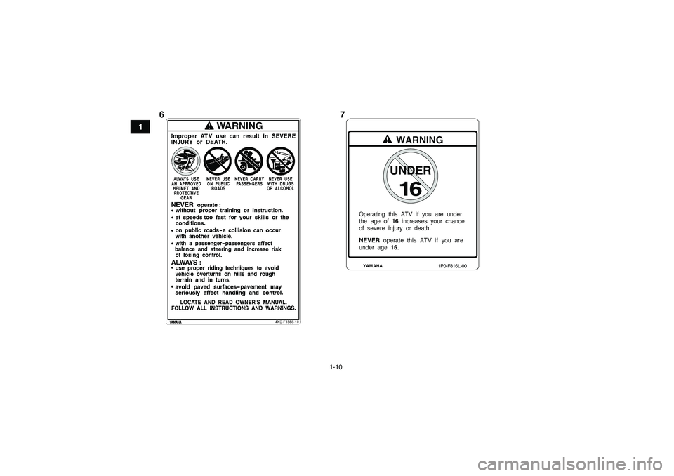 YAMAHA GRIZZLY 450 2010 User Guide 1-10
1
16
UNDER
1P0-F816L-00
7 6
U37S61E0.book  Page 10  Tuesday, June 2, 2009  10:33 AM 