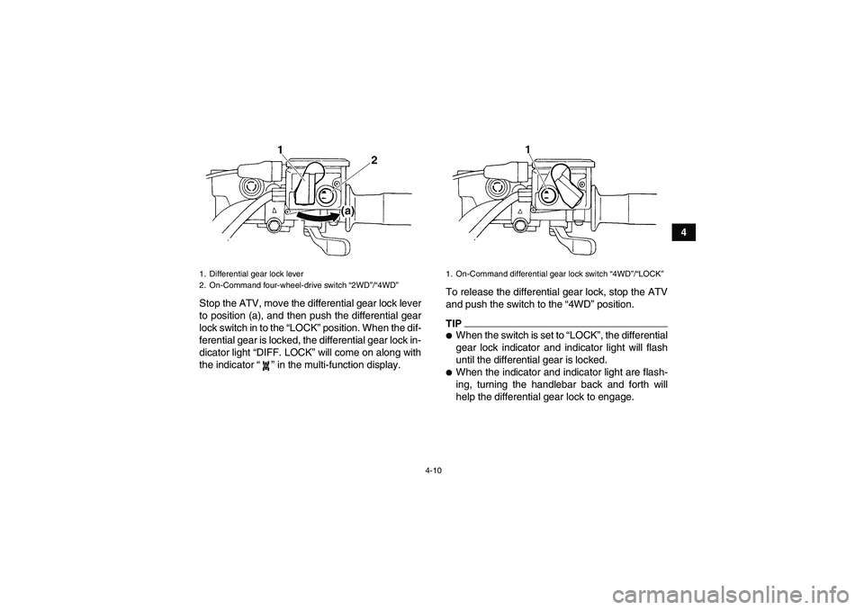 YAMAHA GRIZZLY 450 2010 Owners Guide 4-10
4
Stop the ATV, move the differential gear lock lever
to position (a), and then push the differential gear
lock switch in to the “LOCK” position. When the dif-
ferential gear is locked, the d