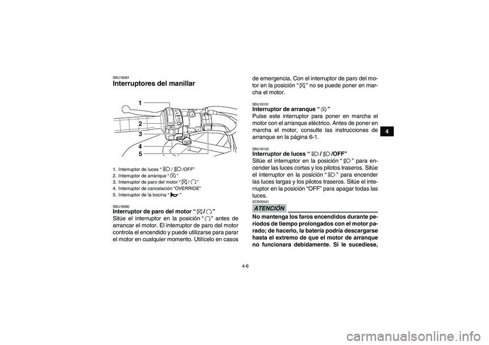 YAMAHA GRIZZLY 450 2010  Manuale de Empleo (in Spanish) 4-6
4
SBU18061Interruptores del manillar SBU18080Interruptor de paro del motor“/” 
Sitúe el interruptor en la posición“” antes de
arrancar el motor. El interruptor de paro del motor
controla