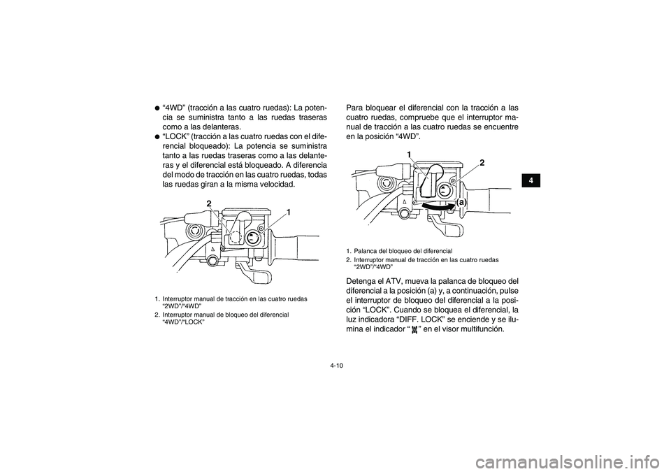 YAMAHA GRIZZLY 450 2010  Manuale de Empleo (in Spanish) 4-10
4
“4WD” (tracción a las cuatro ruedas): La poten-
cia se suministra tanto a las ruedas traseras
como a las delanteras.“LOCK” (tracción a las cuatro ruedas con el dife-
rencial bloquea