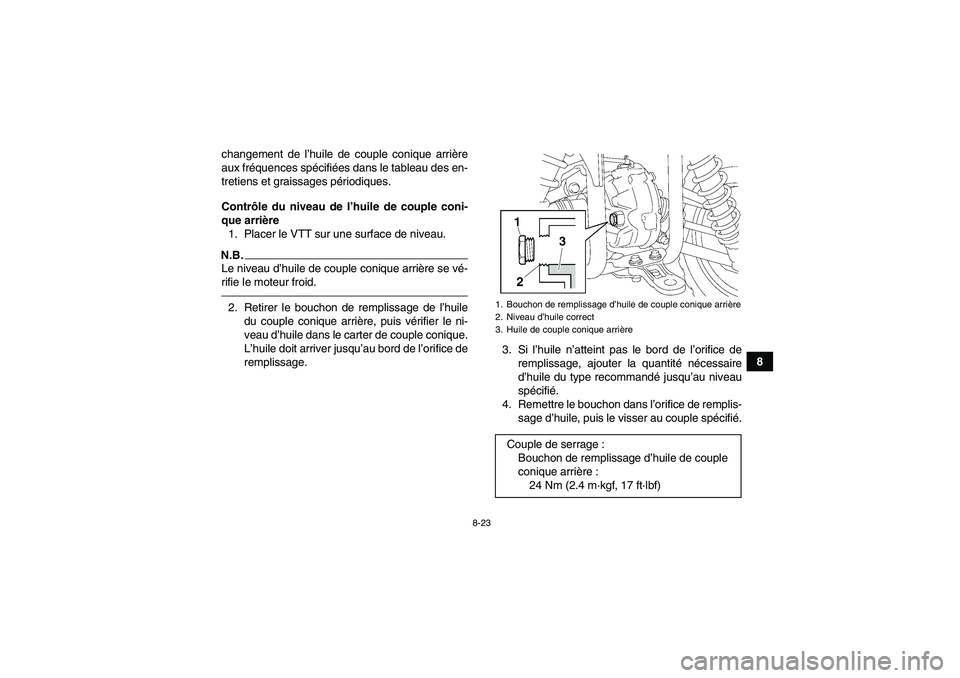 YAMAHA GRIZZLY 450 2010  Notices Demploi (in French) 8-23
8 changement de l’huile de couple conique arrière
aux fréquences spécifiées dans le tableau des en-
tretiens et graissages périodiques.
Contrôle du niveau de l’huile de couple coni-
que