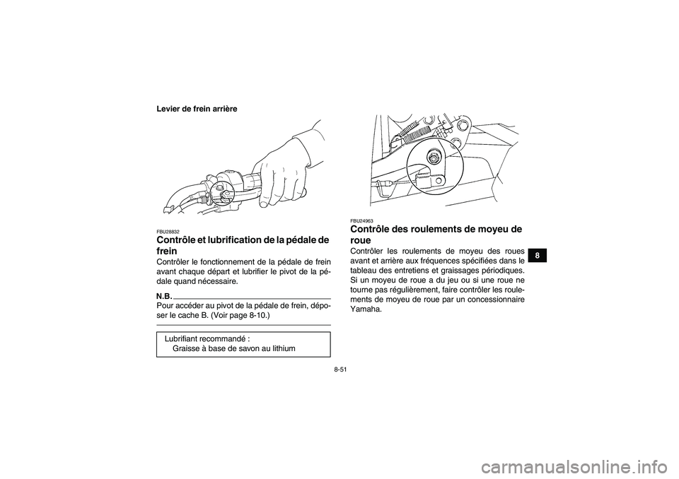 YAMAHA GRIZZLY 450 2010  Notices Demploi (in French) 8-51
8 Levier de frein arrière
FBU28832Contrôle et lubrification de la pédale de 
frein Contrôler le fonctionnement de la pédale de frein
avant chaque départ et lubrifier le pivot de la pé-
dal