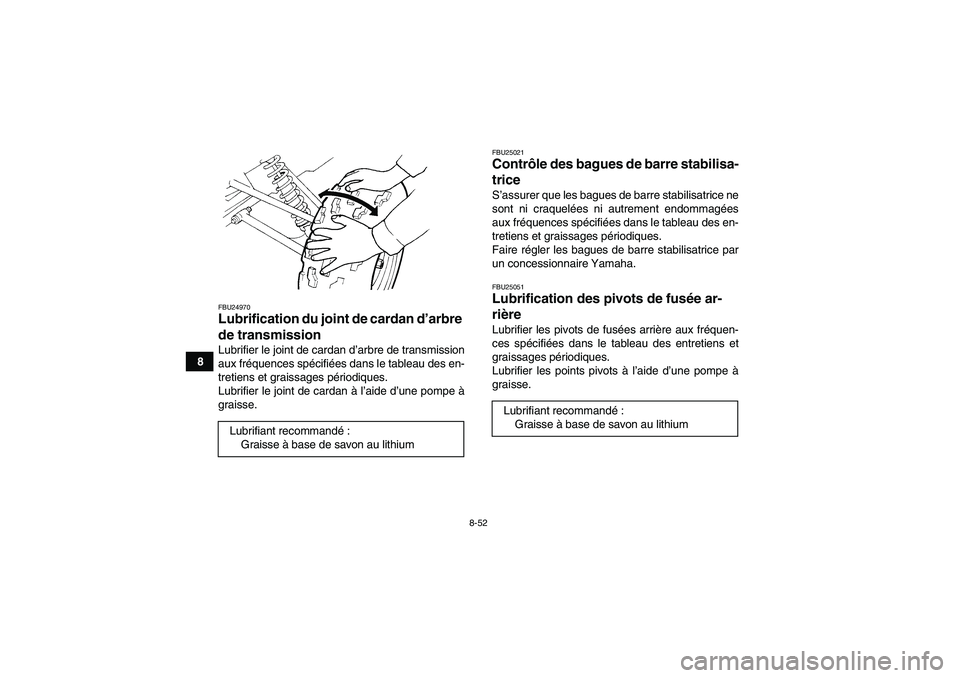 YAMAHA GRIZZLY 450 2010  Notices Demploi (in French) 8-52
8
FBU24970Lubrification du joint de cardan d’arbre 
de transmission Lubrifier le joint de cardan d’arbre de transmission
aux fréquences spécifiées dans le tableau des en-
tretiens et grais