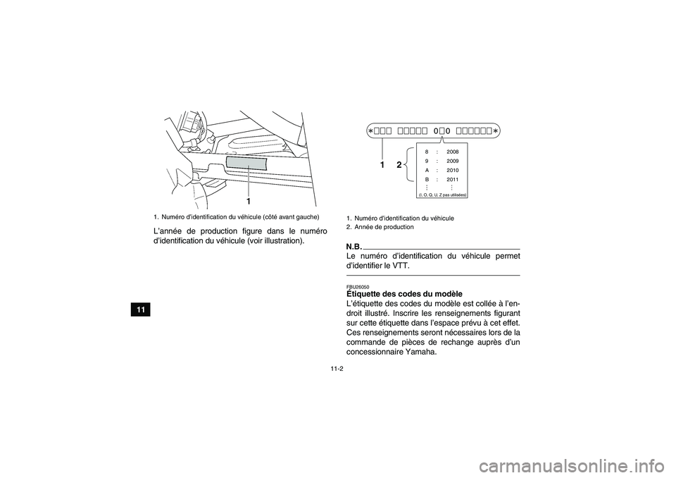YAMAHA GRIZZLY 450 2010  Notices Demploi (in French) 11-2
11L’année de production figure dans le numéro
d’identification du véhicule (voir illustration).
N.B.Le numéro d’identification du véhicule permet
d’identifier le VTT.FBU26050Étiquet