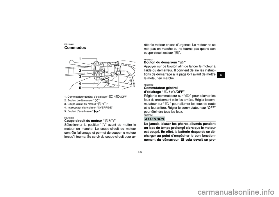 YAMAHA GRIZZLY 450 2010  Notices Demploi (in French) 4-6
4
FBU18061Commodos FBU18080Coupe-circuit du moteur“/” 
Sélectionner la position“” avant de mettre le
moteur en marche. Le coupe-circuit du moteur
contrôle l’allumage et permet de coupe