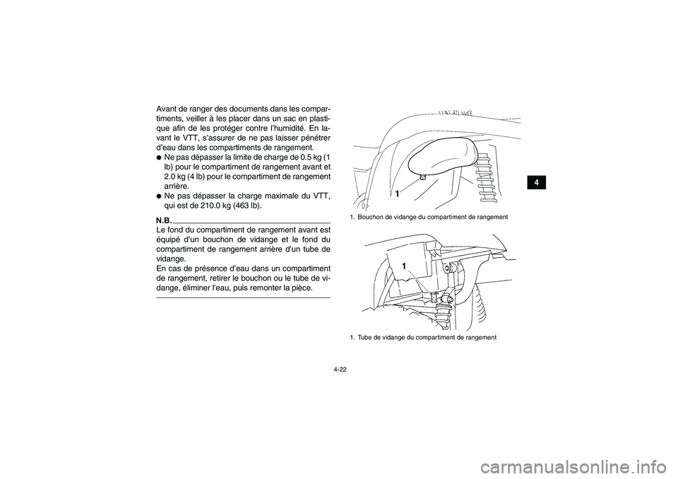 YAMAHA GRIZZLY 450 2010  Notices Demploi (in French) 4-22
4 Avant de ranger des documents dans les compar-
timents, veiller à les placer dans un sac en plasti-
que afin de les protéger contre l’humidité. En la-
vant le VTT, s’assurer de ne pas la