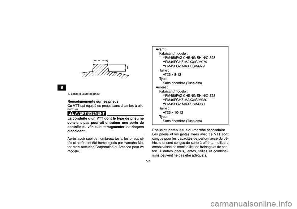 YAMAHA GRIZZLY 450 2010  Notices Demploi (in French) 5-7
5
Renseignements sur les pneus
Ce VTT est équipé de pneus sans chambre à air.
AVERTISSEMENT
FWB02551La conduite d’un VTT dont le type de pneu ne
convient pas pourrait entraîner une perte de
