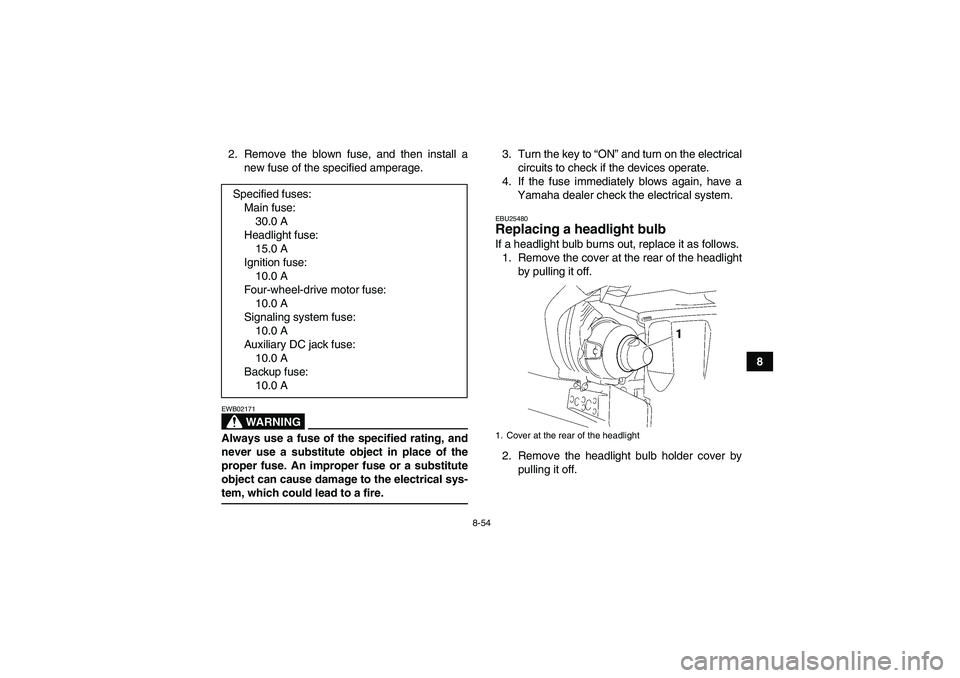 YAMAHA GRIZZLY 450 2009  Owners Manual 8-54
8 2. Remove the blown fuse, and then install a
new fuse of the specified amperage.
WARNING
EWB02171Always use a fuse of the specified rating, and
never use a substitute object in place of the
pro