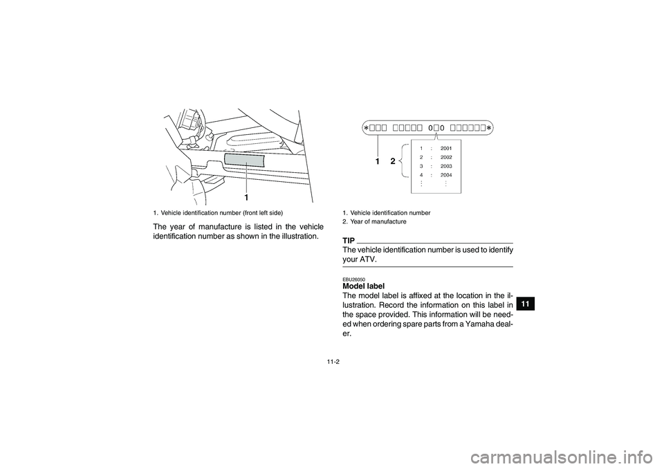 YAMAHA GRIZZLY 450 2009 Owners Manual 11-2
11 The year of manufacture is listed in the vehicle
identification number as shown in the illustration.
TIPThe vehicle identification number is used to identifyyour ATV.EBU26050Model label
The m YAMAHA GRIZZLY 450 2009 Owners Manual 11-2
11 The year of manufacture is listed in the vehicle
identification number as shown in the illustration.
TIPThe vehicle identification number is used to identifyyour ATV.EBU26050Model label
The m